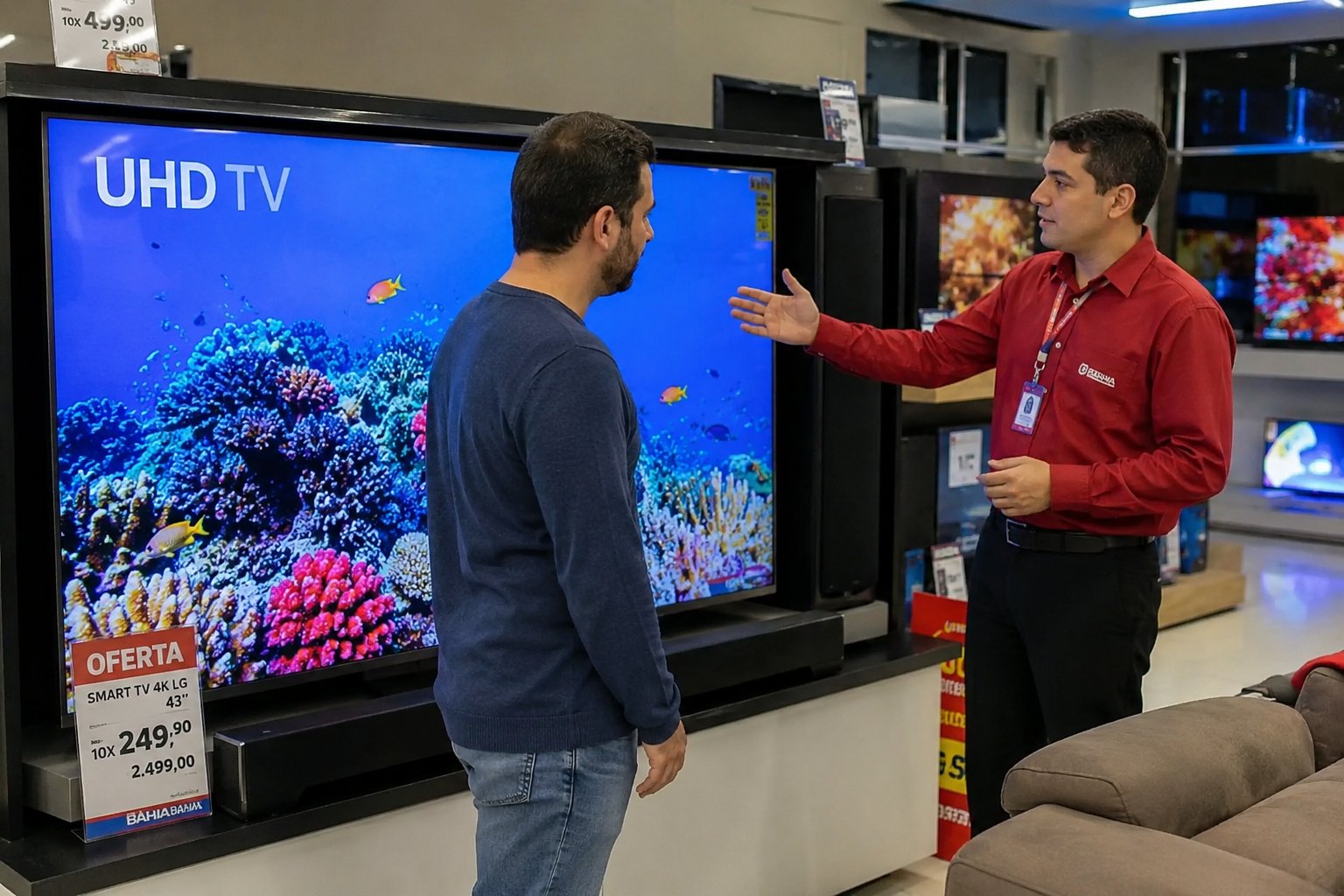 Consumidor no caixa recebendo oferta de garantia estendida
